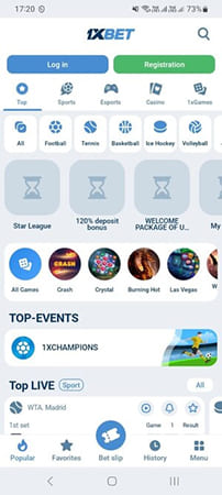 1xBet Android app home screen